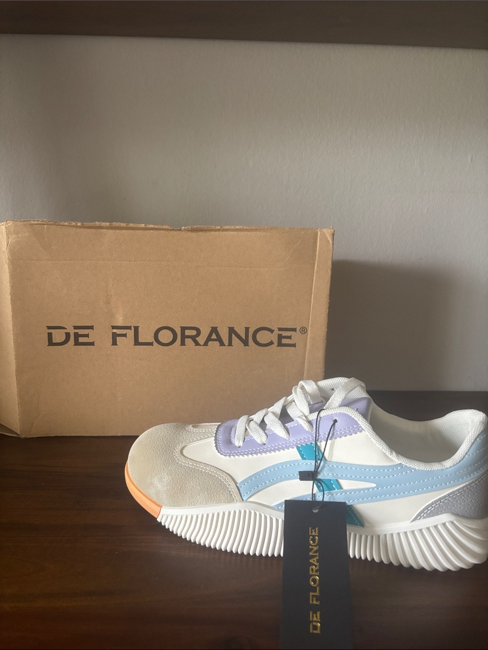 De Florance Women's White Sneaker with Light Blue & Lavender Accents